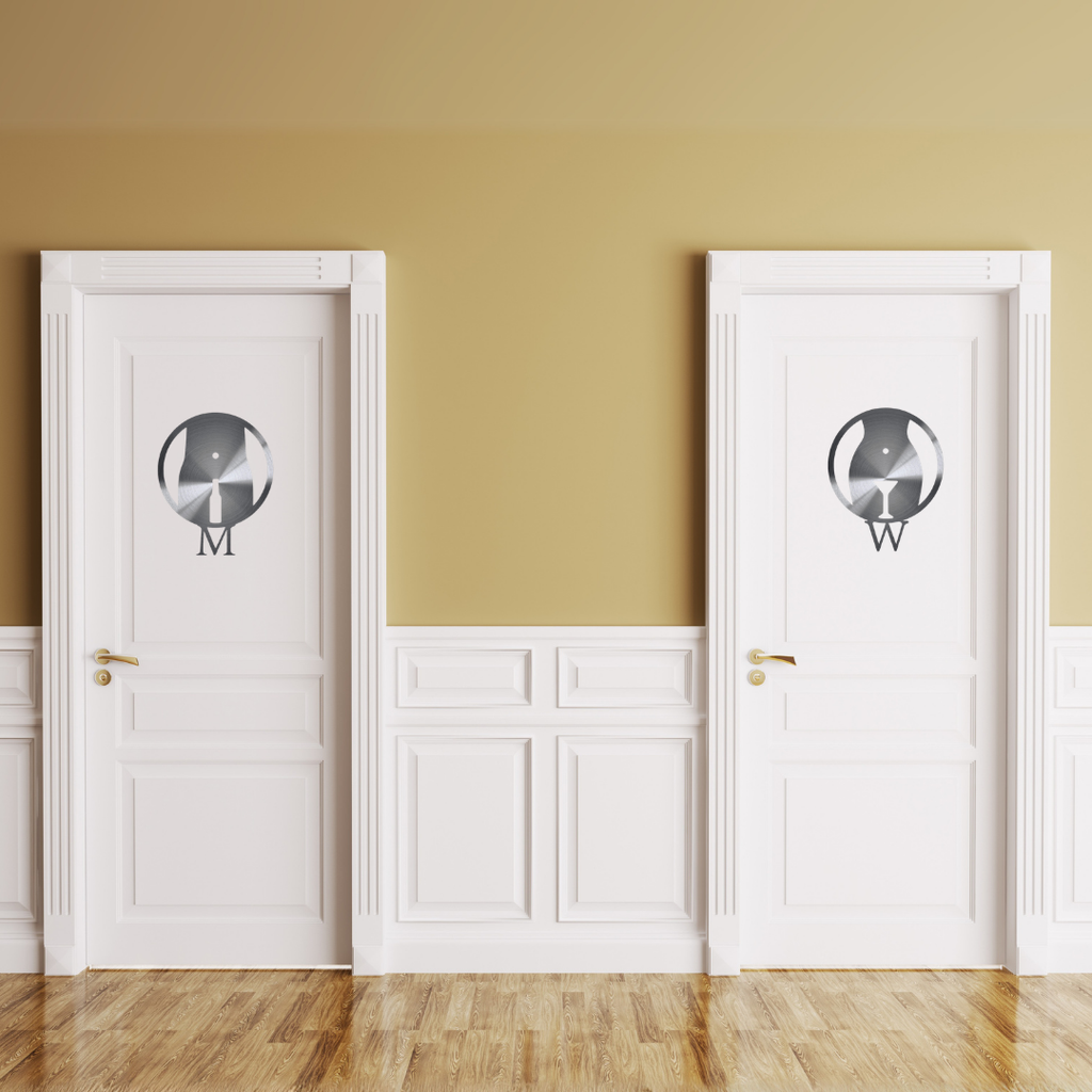 Cheers & Chardonnay | Men's & Women's Bathroom Metal Sign Set mounted on restroom doors, showcasing modern laser-cut steel male and female toilet signs with beer and wine icons.