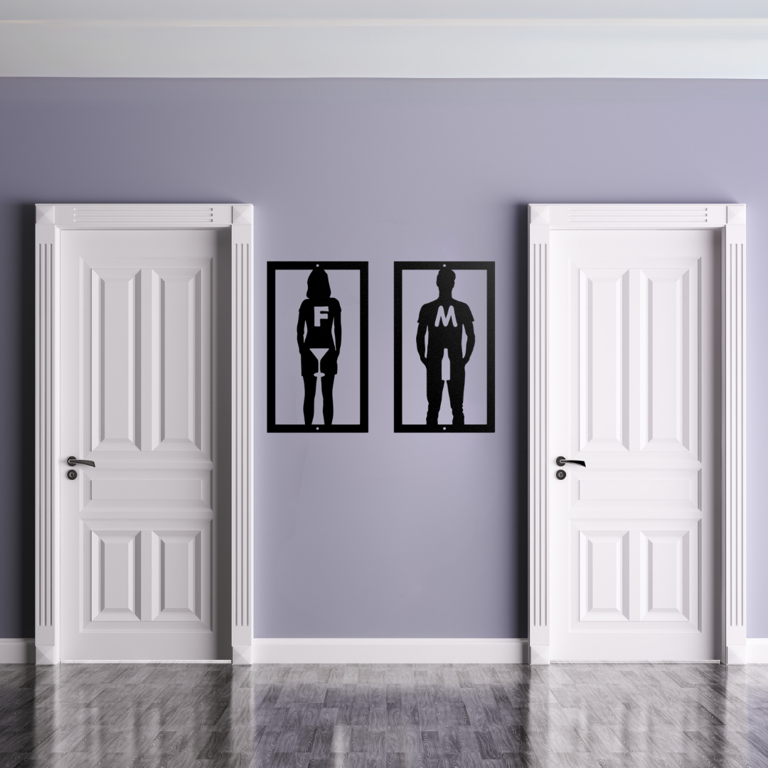 Cheers & Relief funny male and female metal toilet signs mounted between two restroom doors in a modern interior.