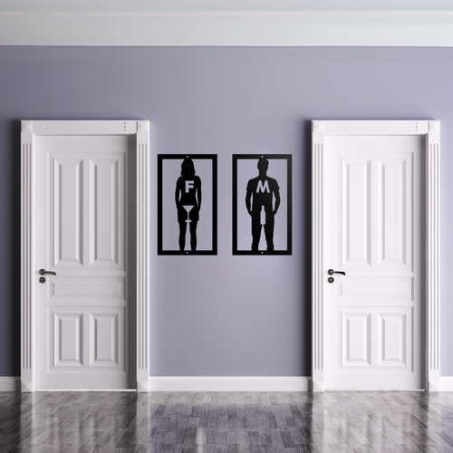 Cheers & Relief funny male and female metal toilet signs mounted between two restroom doors in a modern interior.