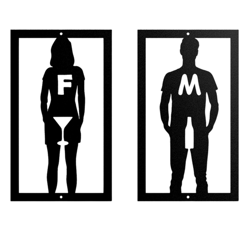 Close-up of the Cheers & Relief laser-cut male and female bathroom signs featuring humorous silhouettes in sleek rectangular frames.