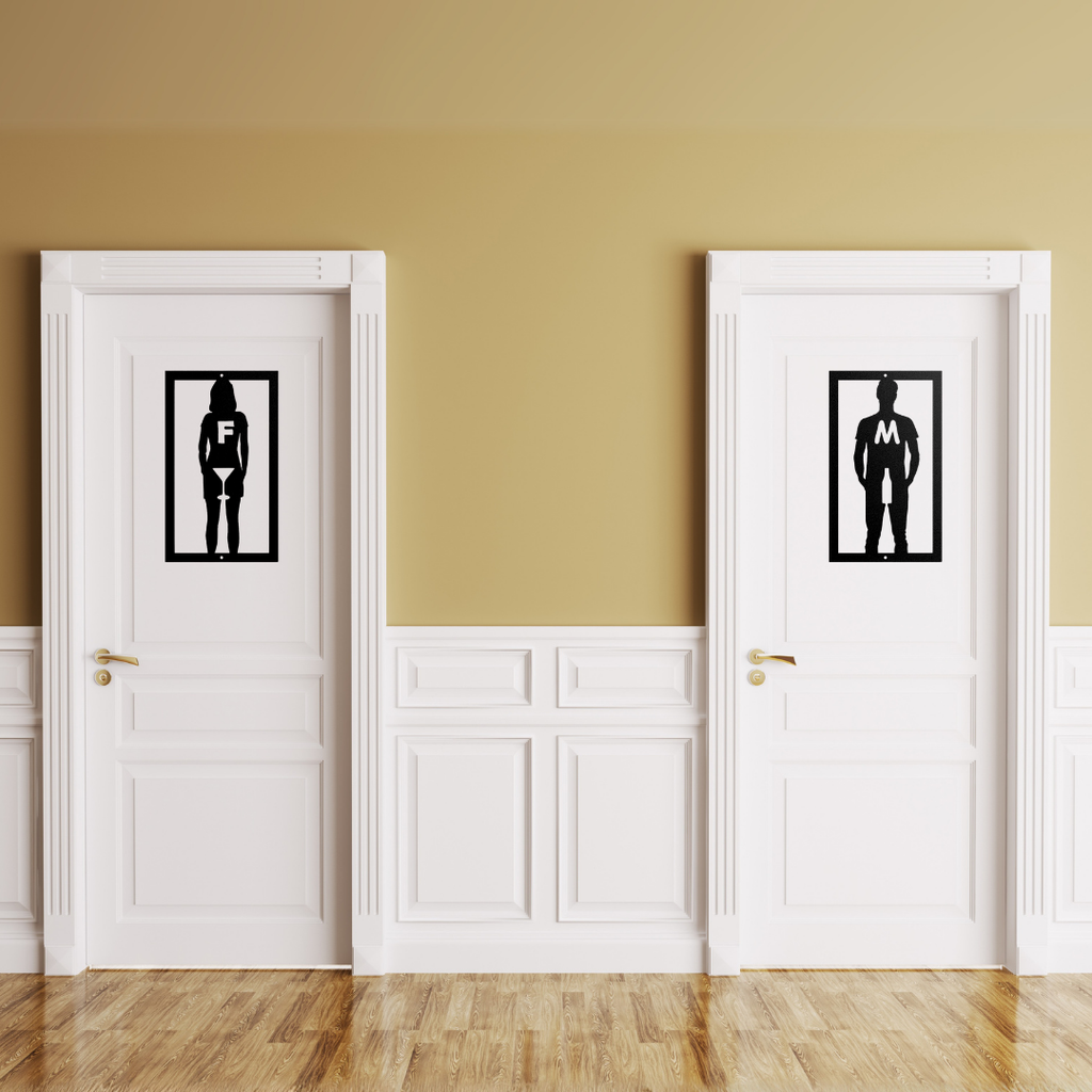 Cheers & Relief metal toilet signs displayed on white restroom doors, adding a stylish and playful touch to modern bathroom entrances.