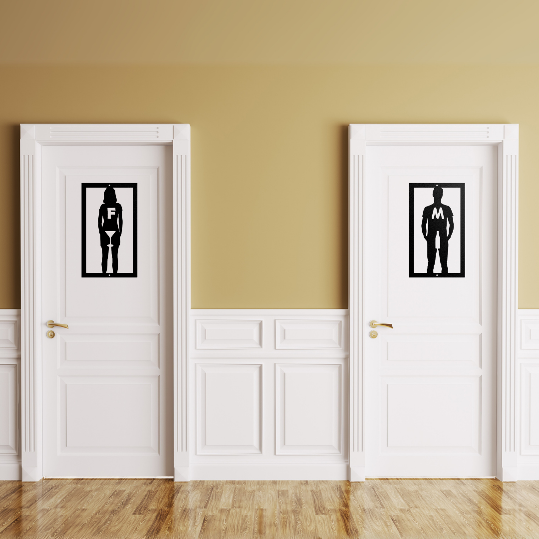 Cheers & Relief metal toilet signs displayed on white restroom doors, adding a stylish and playful touch to modern bathroom entrances.
