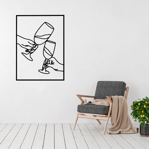 Cheers Together | Wine Glass Metal Wall Art displayed in a bright modern living room.