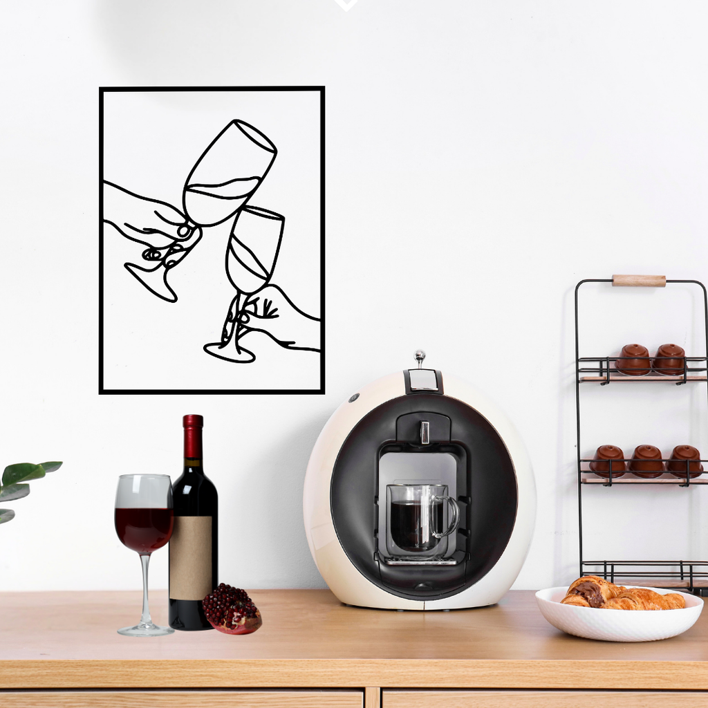 Cheers Together | Wine Glass Metal Wall Art mounted above a coffee station with wine and kitchen décor.