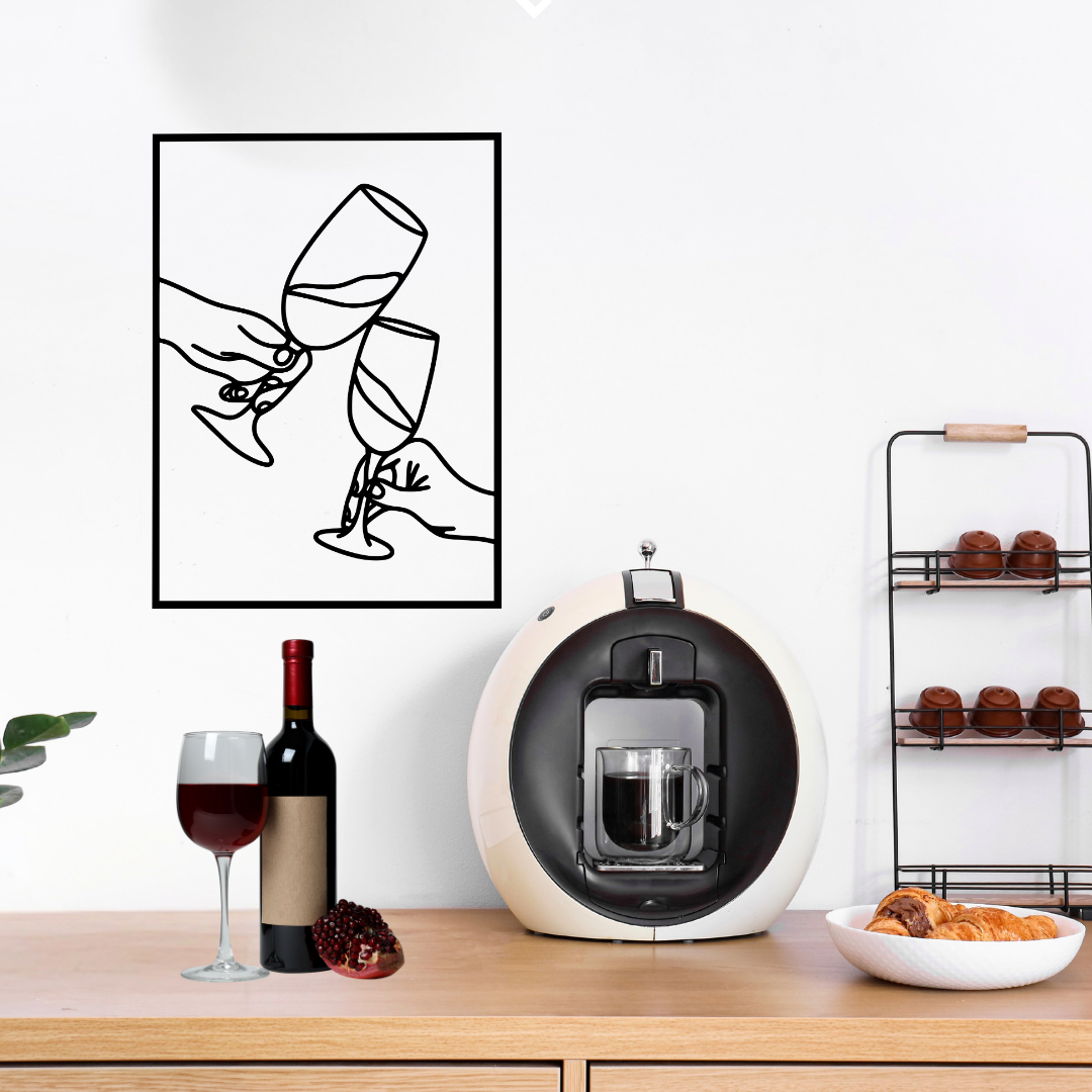 Cheers Together | Wine Glass Metal Wall Art mounted above a coffee station with wine and kitchen décor.