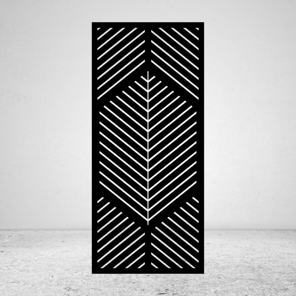 Chevron Flow geometric metal privacy screen with repeating diagonal lines and symmetrical central pattern