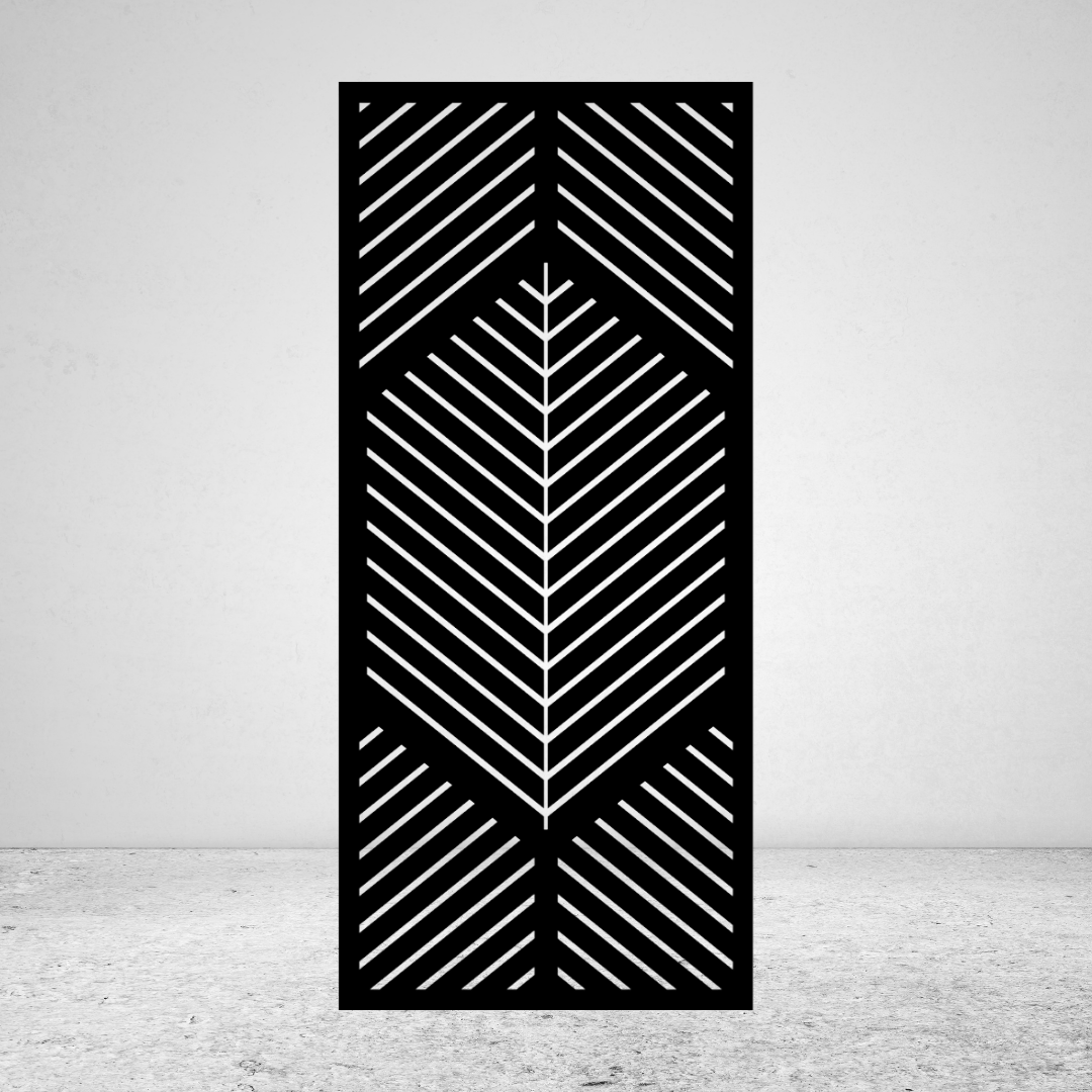 Chevron Flow geometric metal privacy screen with repeating diagonal lines and symmetrical central pattern