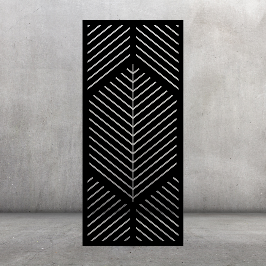 Chevron Flow contemporary metal privacy screen displayed against a dark grey wall with repeating diagonal line pattern