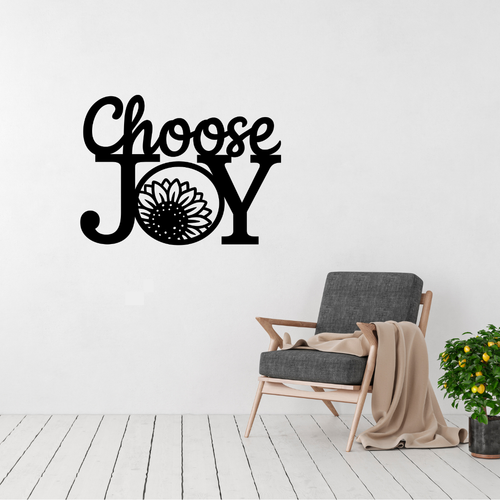 Choose Happiness | Choose Joy Metal Wall Sign displayed in a modern living room.