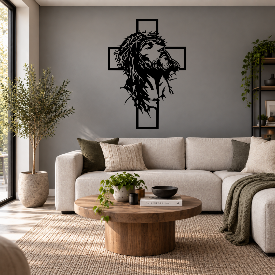 Christ in the Cross Jesus metal wall art displayed in a modern prayer room with contemporary interior décor