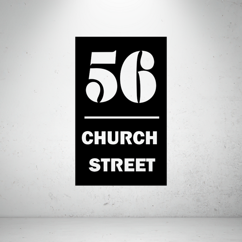 Modern metal address sign featuring a custom house number and street name separated by a minimalist horizontal divider.