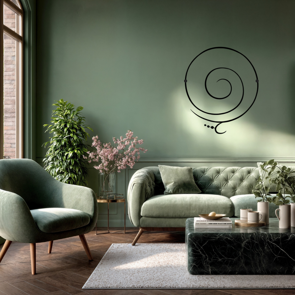 Modern minimalist metal wall art with a spiral design creating a calming focal point in a stylish contemporary living room.