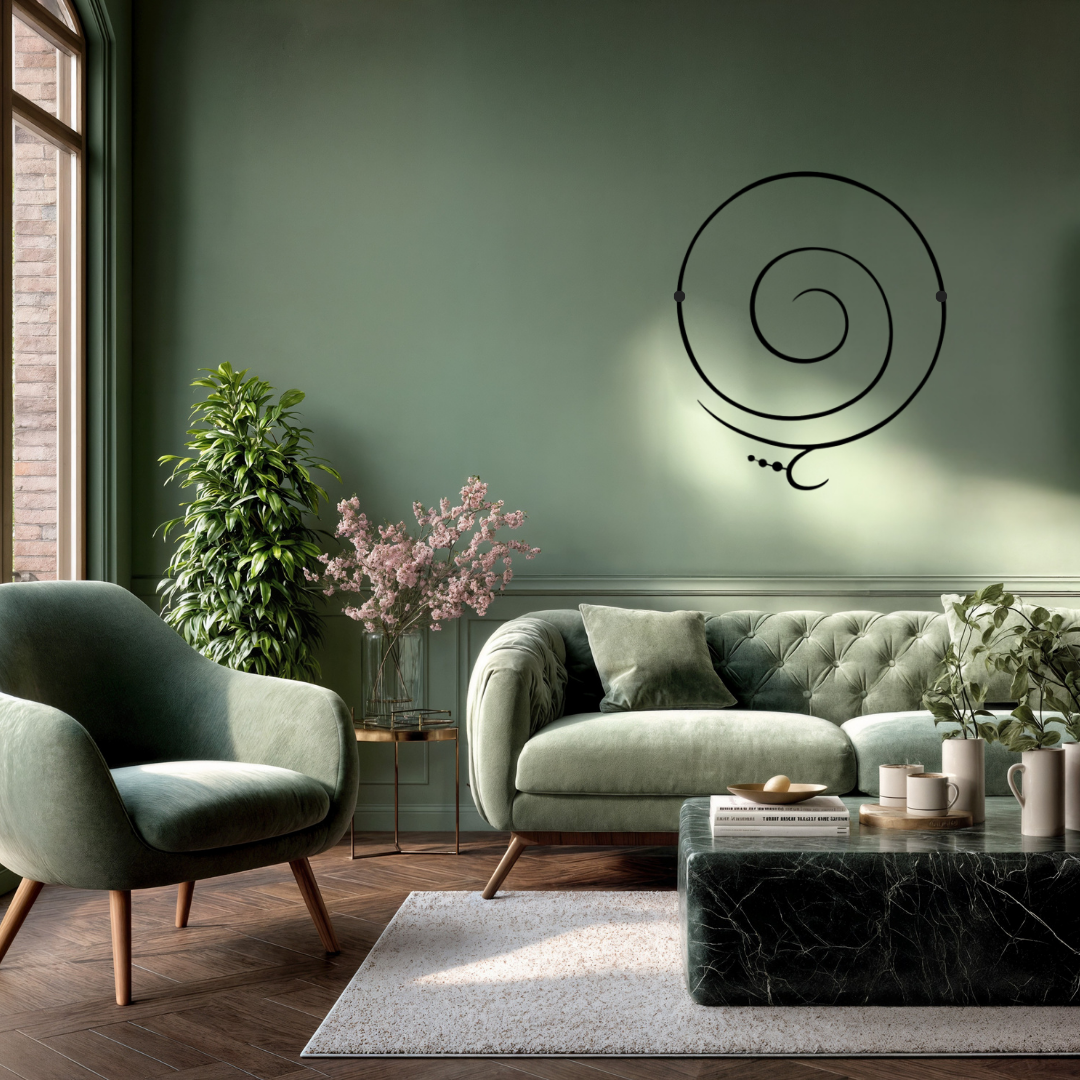 Modern minimalist metal wall art with a spiral design creating a calming focal point in a stylish contemporary living room.