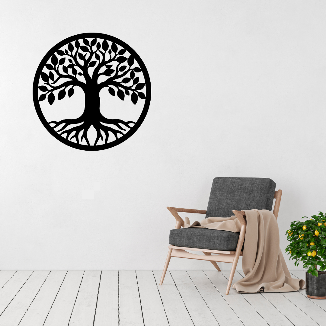 Circle of Life Tree of Life metal wall art displayed above a contemporary chair