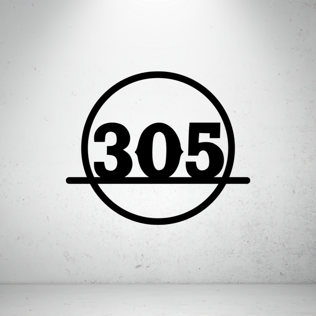 Modern circular metal house number sign featuring bold custom numbers framed within a minimalist circular border.