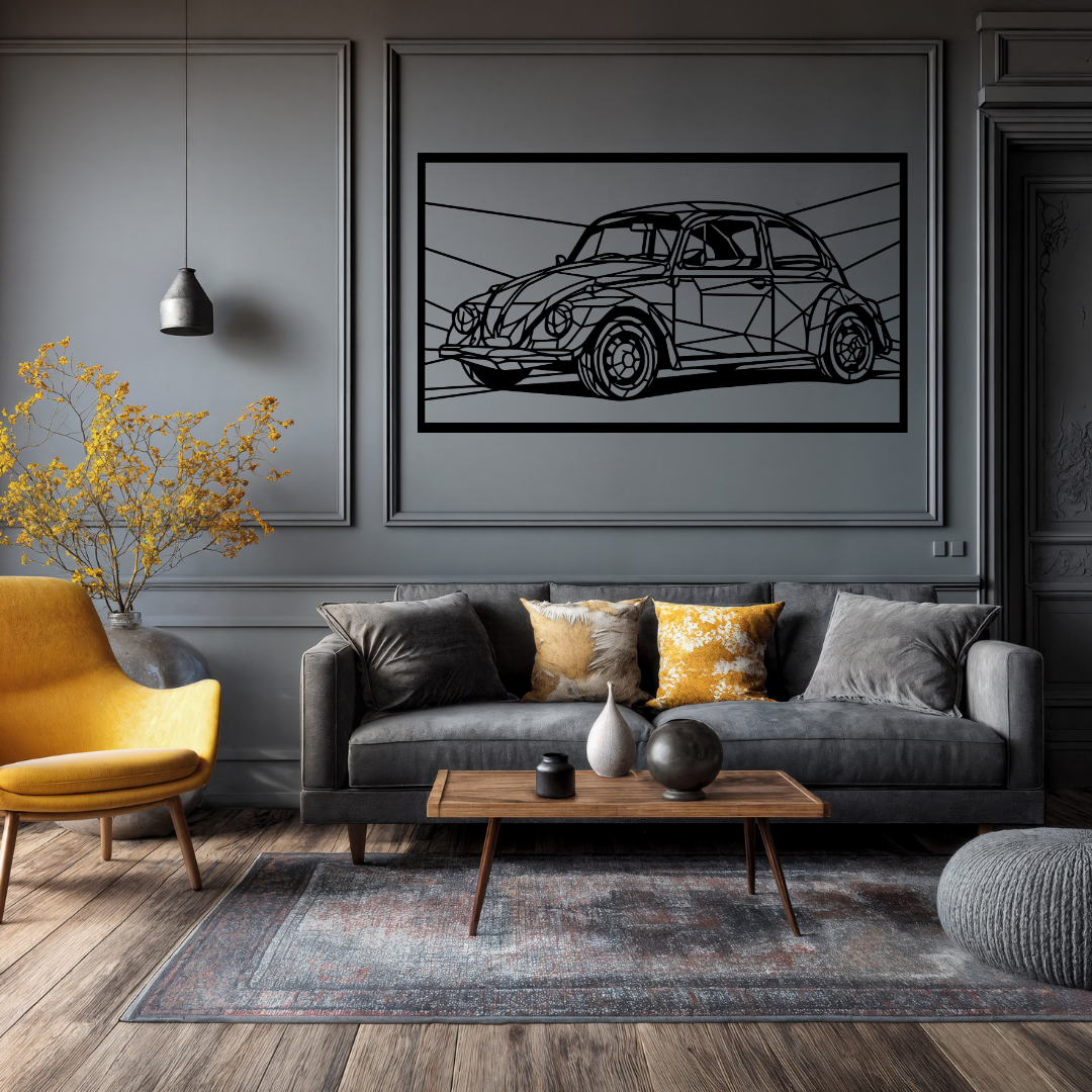 Classic Beetle Volkswagen Beetle Metal Wall Art installed as a striking feature above a sofa in a contemporary living space.