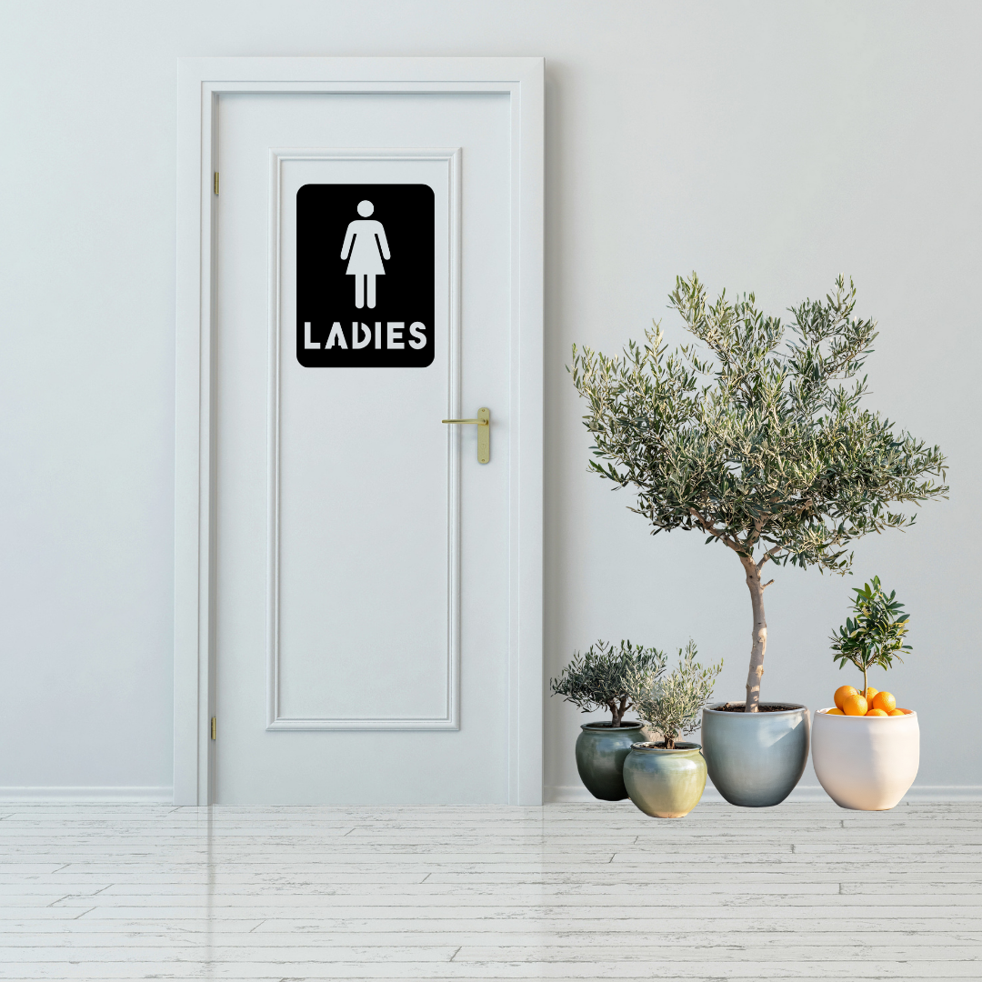 Ladies Bathroom Sign | Metal Toilet Sign displayed on a white restroom door in a modern interior.