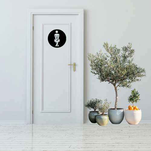 Classic Female Toilet Sign | Metal Bathroom Sign displayed on a white restroom door in a modern interior.