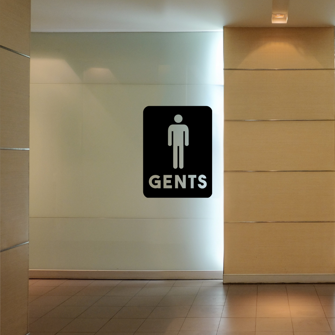 Classic Male Toilet Sign | Metal Bathroom Sign mounted on a modern restroom wall in a commercial setting.