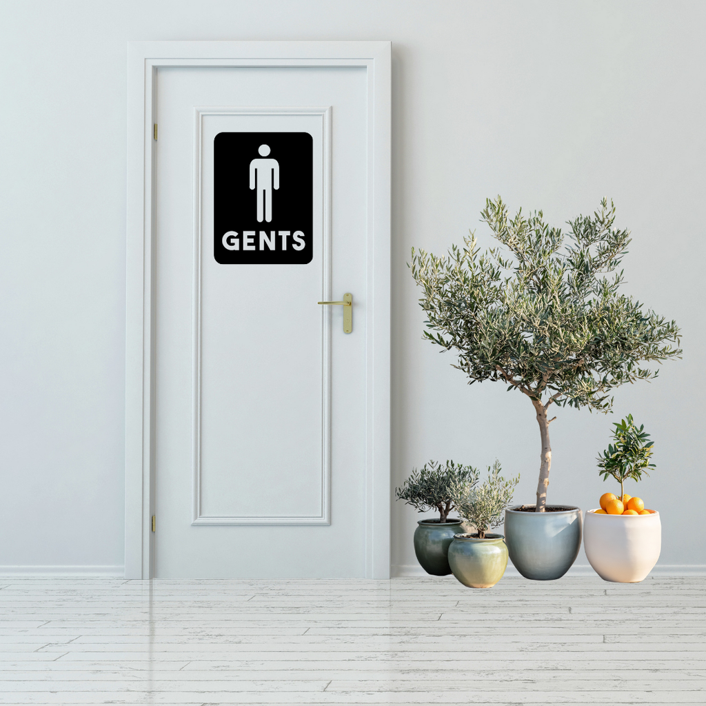 Classic Male Toilet Sign | Metal Bathroom Sign displayed on a white restroom door in a modern interior.