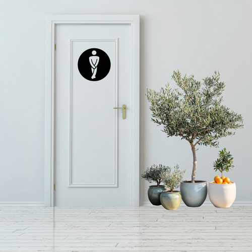 Classic Male Toilet Sign | Metal Bathroom Sign displayed on a white restroom door in a modern interior.