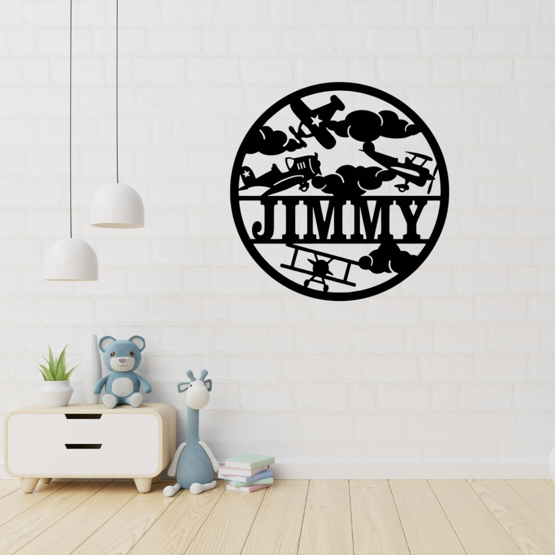 Vintage airplane wall art displayed in an aviation-themed nursery
