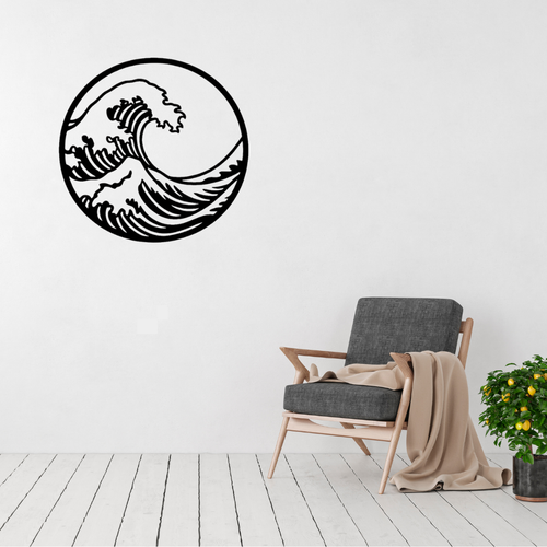 Coastal Crest | Minimalist Wave Metal Wall Art displayed in a modern living room, featuring a clean circular ocean wave design inspired by Japanese wave art, crafted in premium black metal for contemporary coastal home décor.