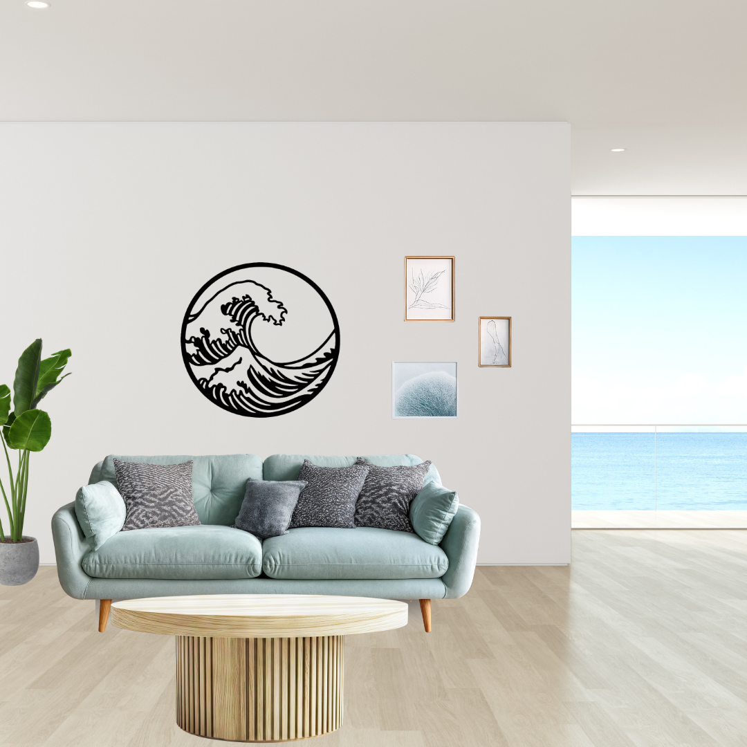 Coastal Crest | Minimalist Wave Metal Wall Art showcased in a bright contemporary living room, displaying an elegant ocean wave silhouette in circular black metal wall décor ideal for coastal, nautical and modern minimalist spaces.