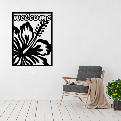 Coastal Retreat tropical hibiscus welcome metal wall panel displayed in a bright modern living room.
