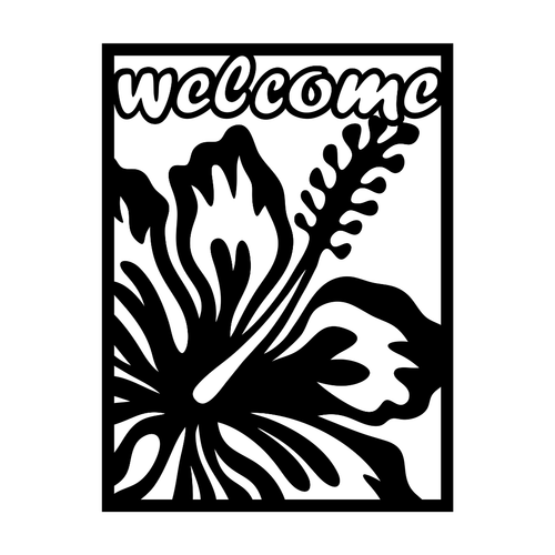 Close-up of the Coastal Retreat laser-cut metal welcome panel featuring a framed hibiscus flower design.