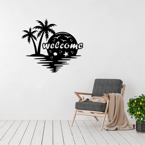 Coastal Welcome tropical metal wall sign with palm trees and ocean sunset displayed in a bright modern living room.