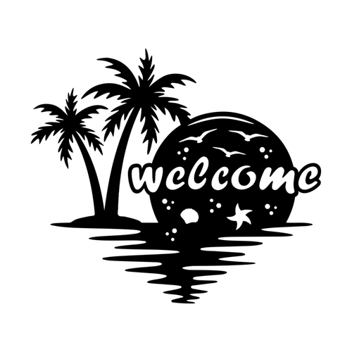 Close-up of the Coastal Welcome laser-cut metal sign featuring tropical palm trees, ocean reflections, and elegant welcome lettering.