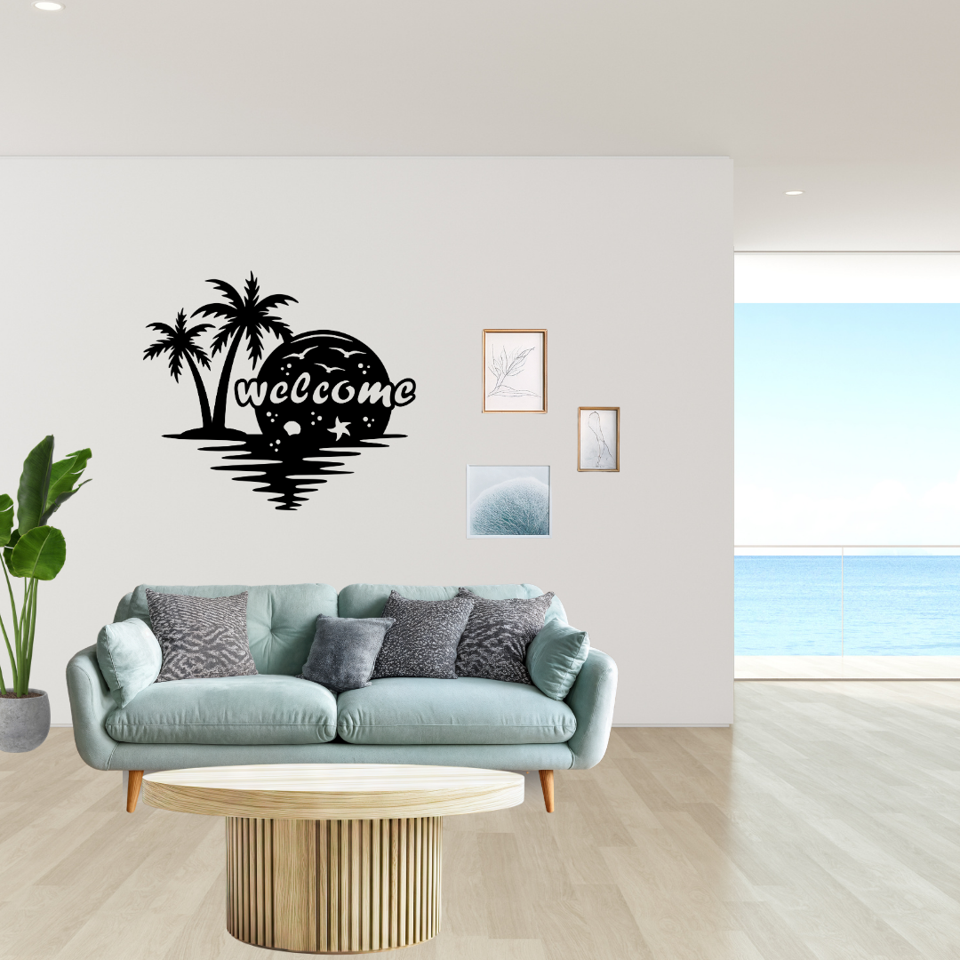 Coastal Welcome tropical metal wall décor mounted above a sofa in a contemporary beach-inspired living space.