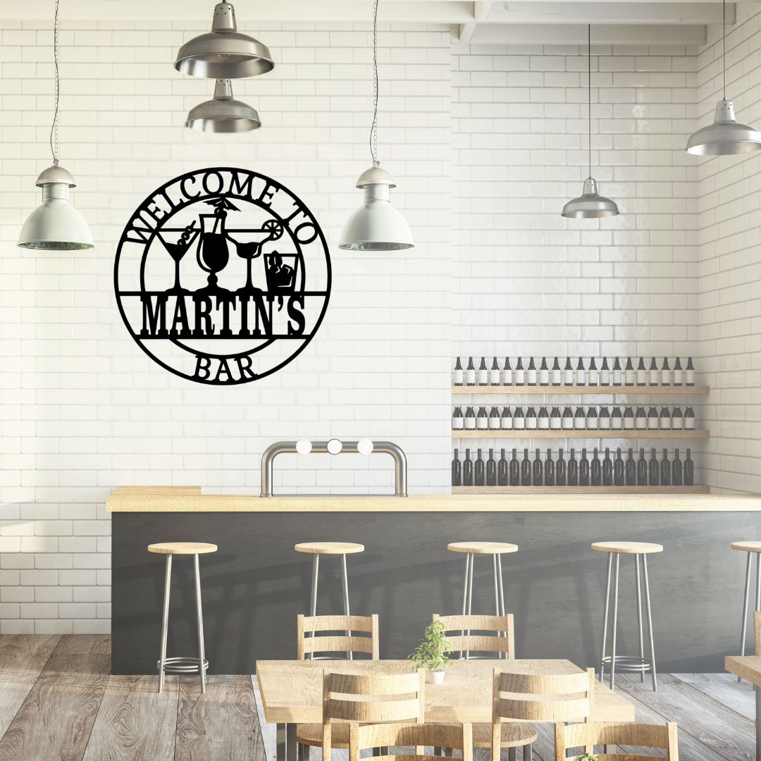 Cocktail-themed wall art displayed in a luxury home bar area