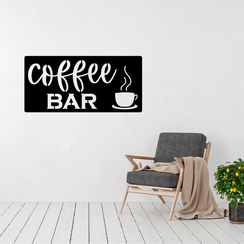 Coffee Bar Kitchen Metal Sign displayed on a modern kitchen wall above a countertop.
