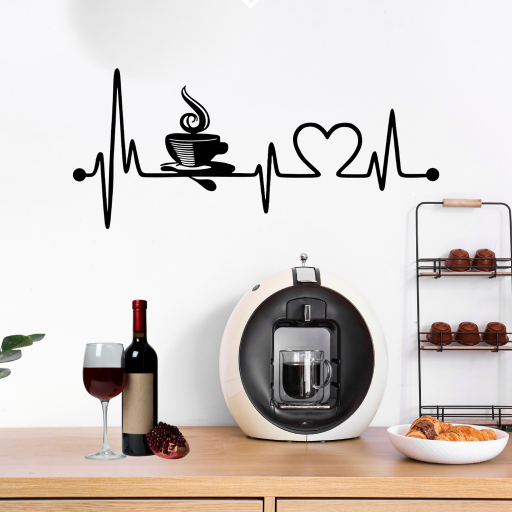 Coffee is Life | Heartbeat Metal Wall Art mounted above a coffee station in a stylish kitchen.