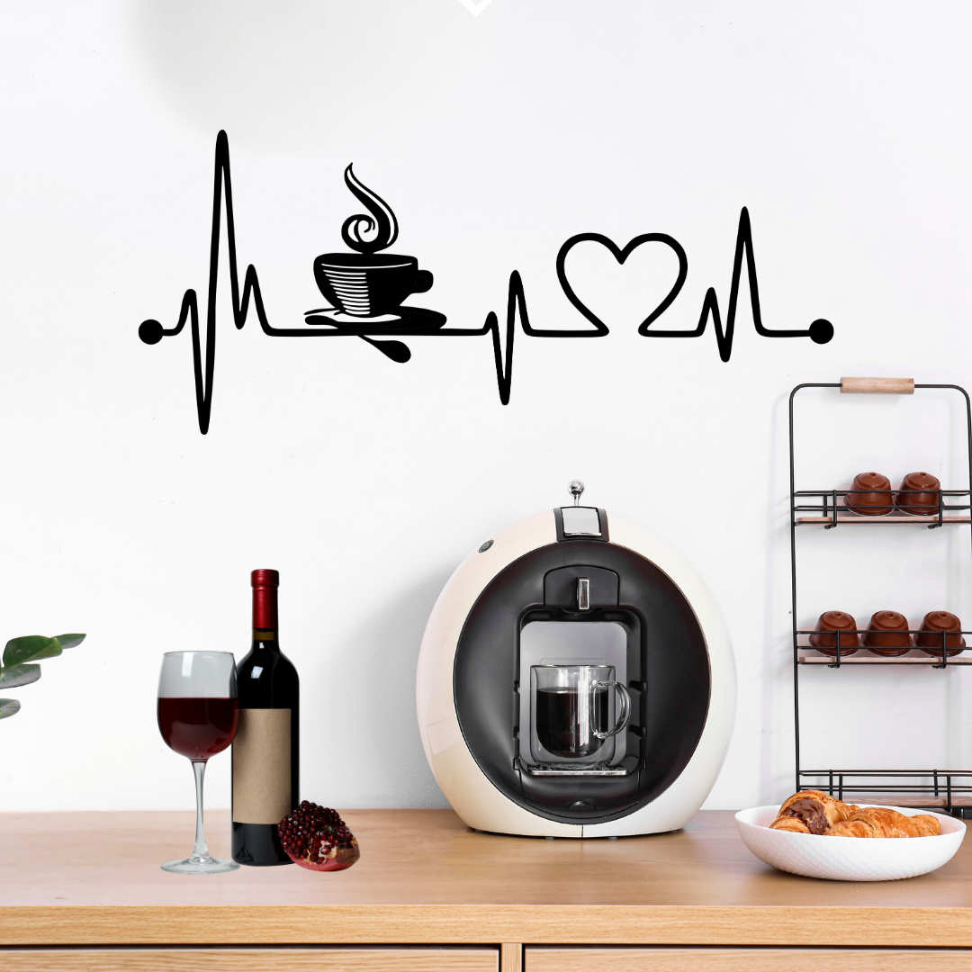Coffee is Life | Heartbeat Metal Wall Art mounted above a coffee station in a stylish kitchen.