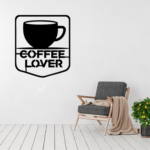 Coffee Lover Badge | Coffee Metal Wall Art displayed on a modern living room wall above a contemporary accent chair.