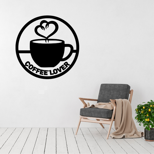 Life Happens Coffee Helps | Coffee Quote Metal Wall Art displayed in a modern living space above a contemporary accent chair.