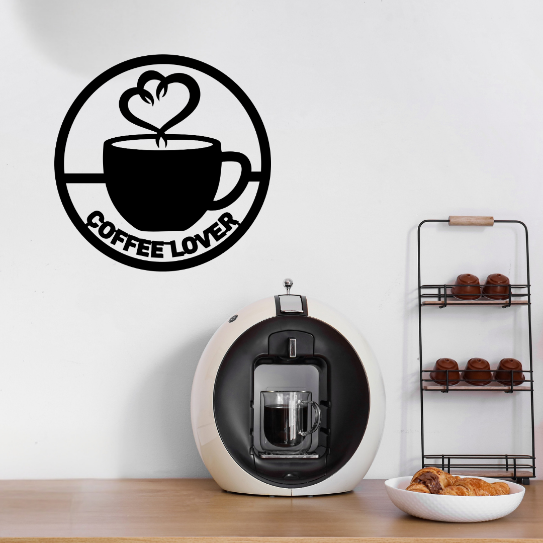 Life Happens Coffee Helps | Coffee Quote Metal Wall Art showcased above a home coffee station with an espresso machine and coffee accessories.
