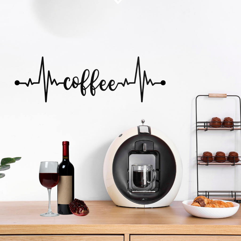 Coffee Pulse | Heartbeat Coffee Script Metal Wall Art mounted above a coffee station in a contemporary kitchen.
