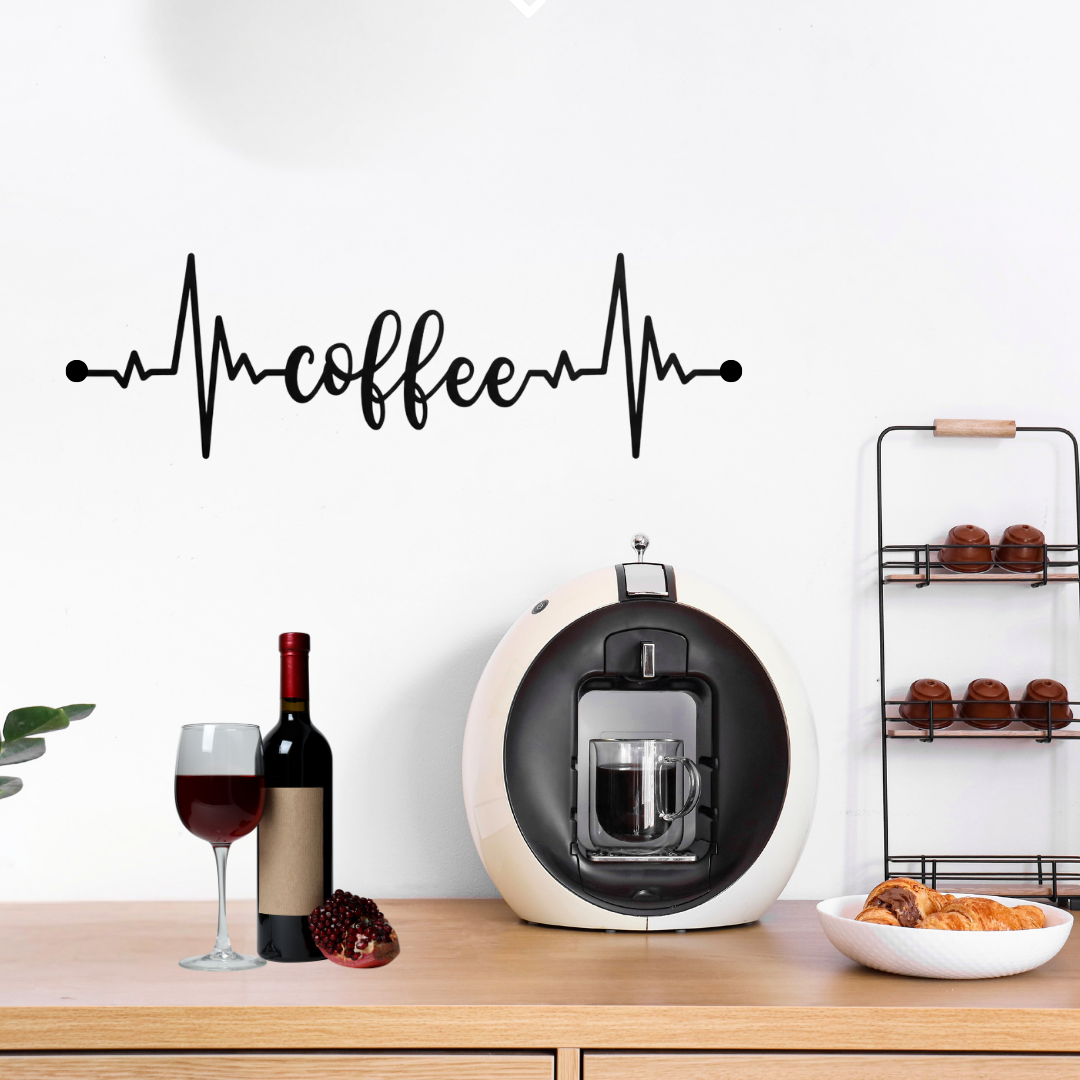 Coffee Pulse | Heartbeat Coffee Script Metal Wall Art mounted above a coffee station in a contemporary kitchen.