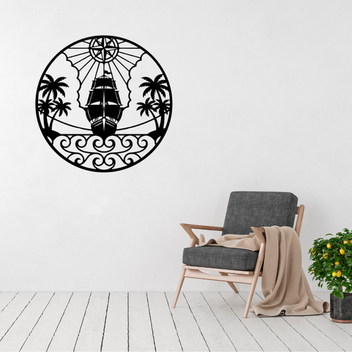 Compass Navigator | Sailing Ship Metal Wall Art displayed in a contemporary living room.