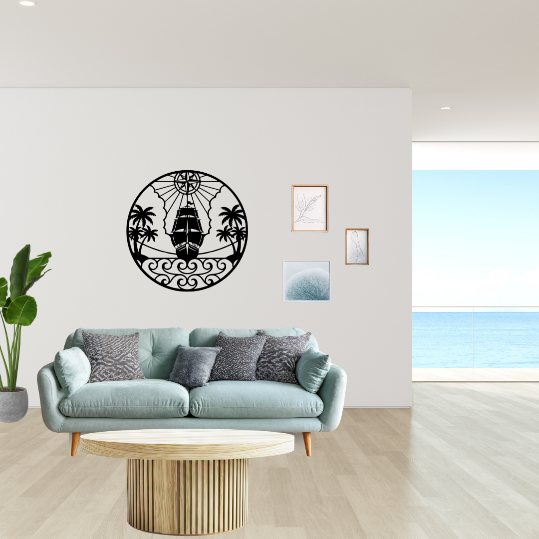 Compass Navigator | Sailing Ship Metal Wall Art showcased in a stylish modern living space.
