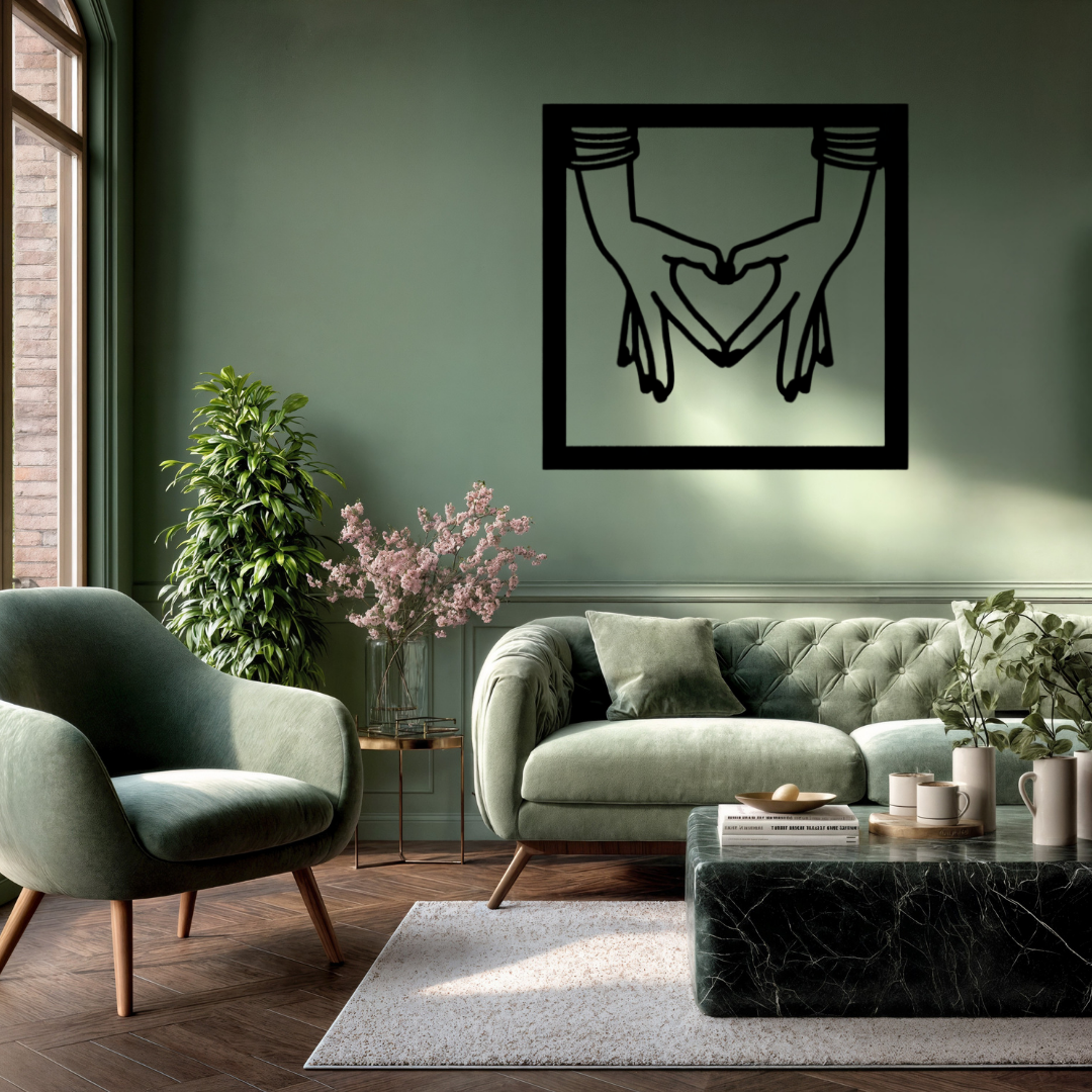 Connected Hearts | Holding Hands Metal Wall Art showcased above a contemporary sofa, adding a meaningful focal point with a minimalist holding hands and heart design in precision-cut black metal.