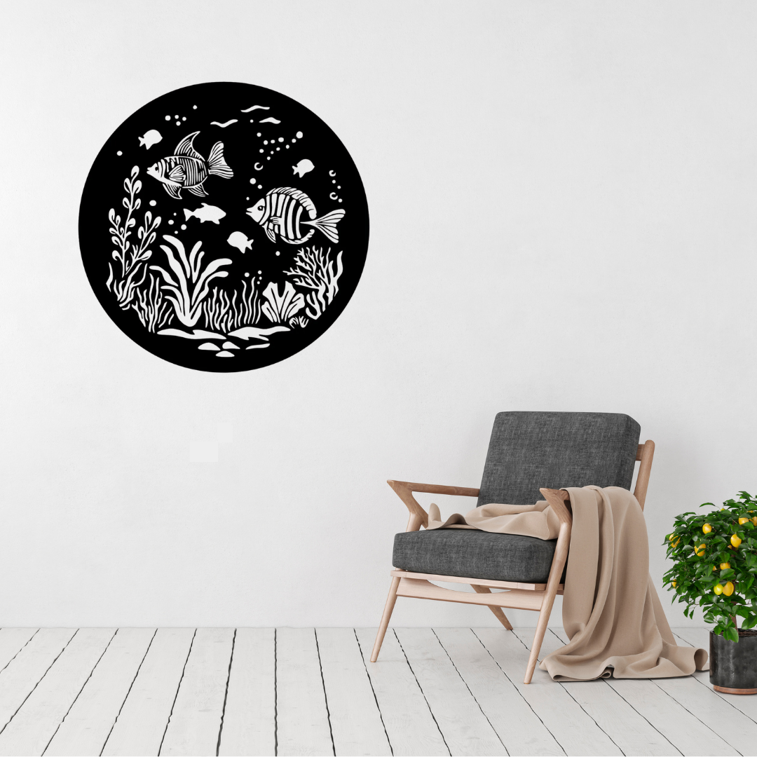 Coral Reef Harmony | Tropical Fish Metal Wall Art displayed in a modern living room.