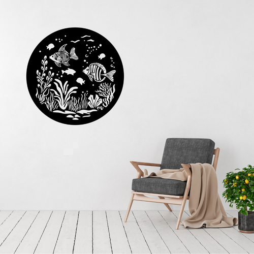 Coral Reef Harmony | Tropical Fish Metal Wall Art displayed in a modern living room.