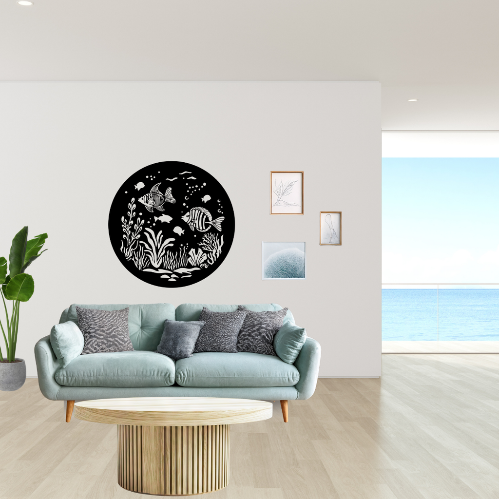 Coral Reef Harmony | Tropical Fish Metal Wall Art mounted above a sofa in a bright coastal-inspired living room.