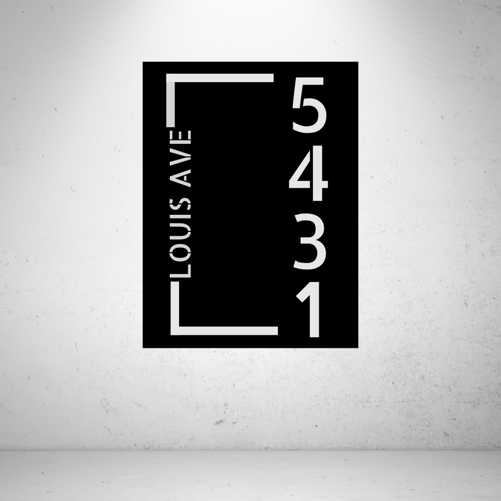 Metal house number vertical sign with corner layout on a grey background