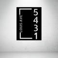 Metal house number vertical sign with corner layout on a grey background